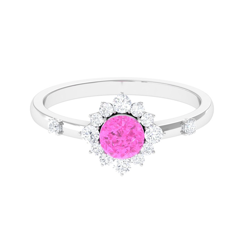 1 CT Round Pink Sapphire and Diamond Halo Engagement Ring