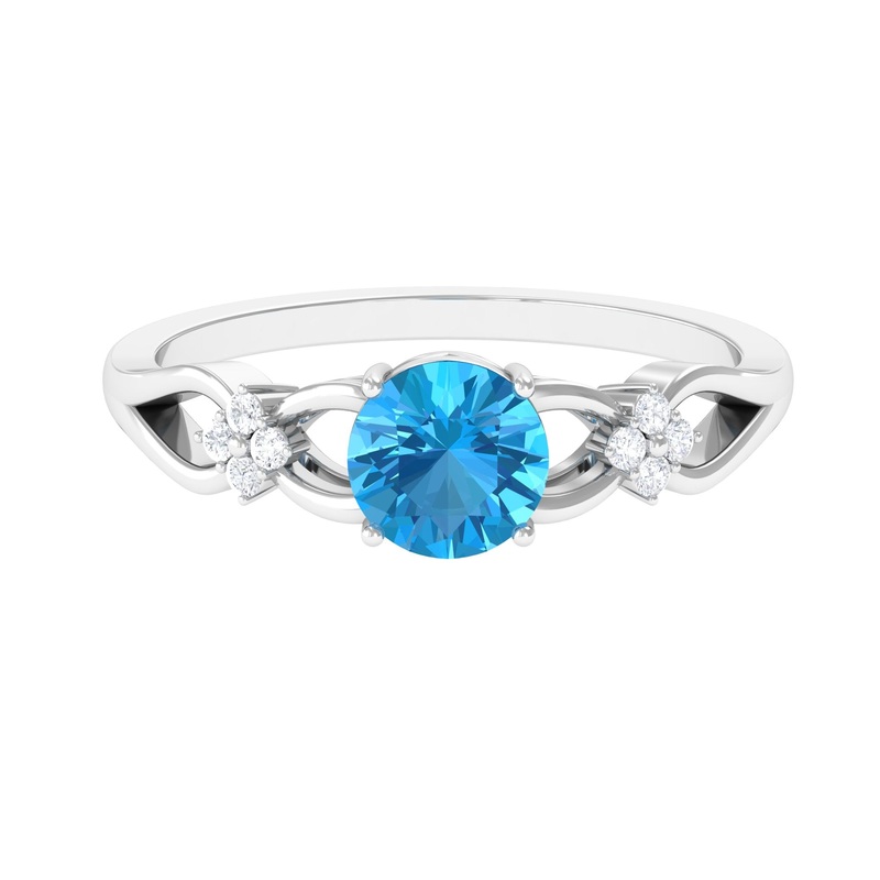 Pure Swiss Blue Topaz and Diamond Floral Solitaire Crossover Ring