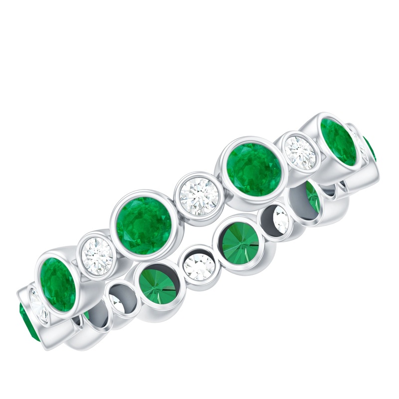 Round Cut Emerald and Moissanite Uneven Eternity Ring in Bezel Setting