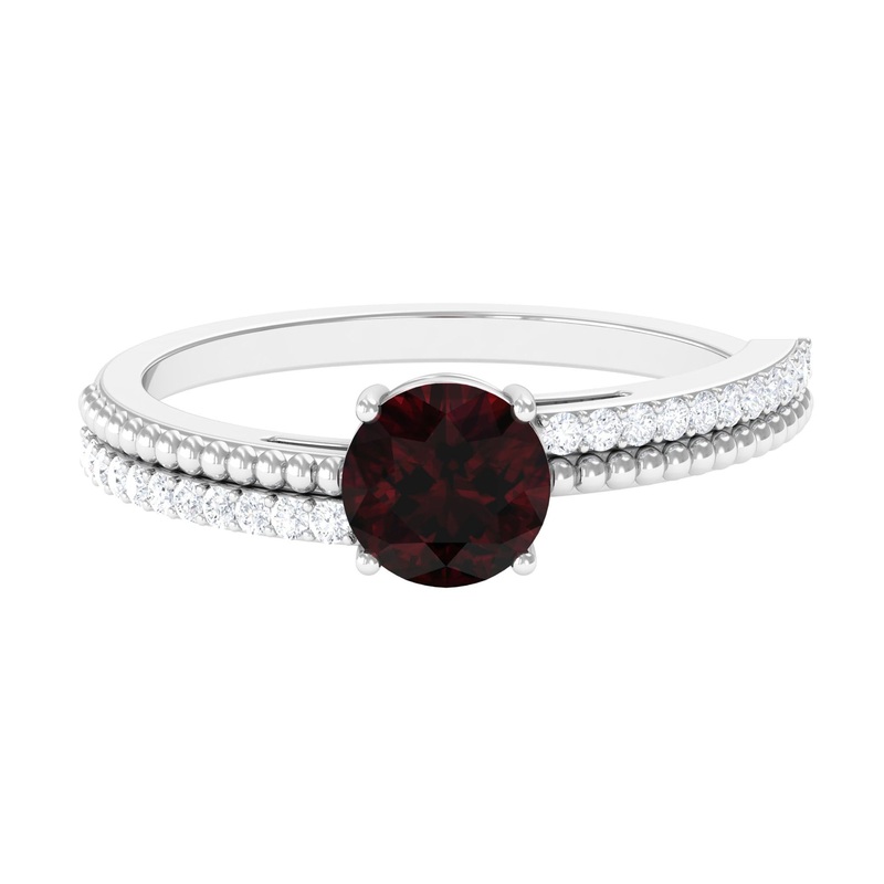Round Garnet Solitaire Engagement Ring with Diamond