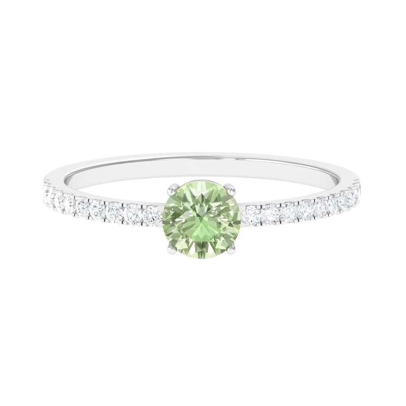 Round Green Sapphire Solitaire Ring with Diamond Side Stones