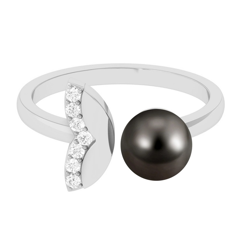 Round Tahitian Pearl Solitaire Cuff Engagement Ring with Diamond