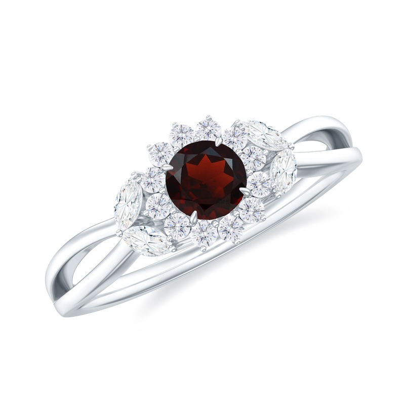 Split Shank Garnet Flower Engagement Ring with Diamond