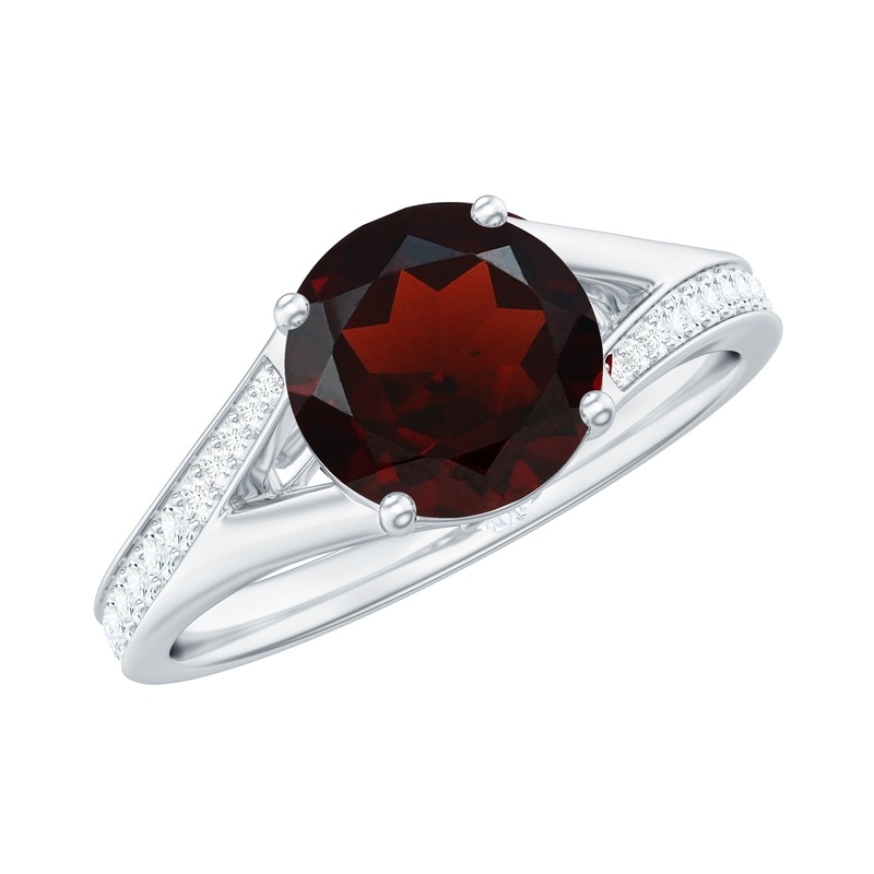 Split Shank Garnet Solitaire Engagement Ring with Diamond