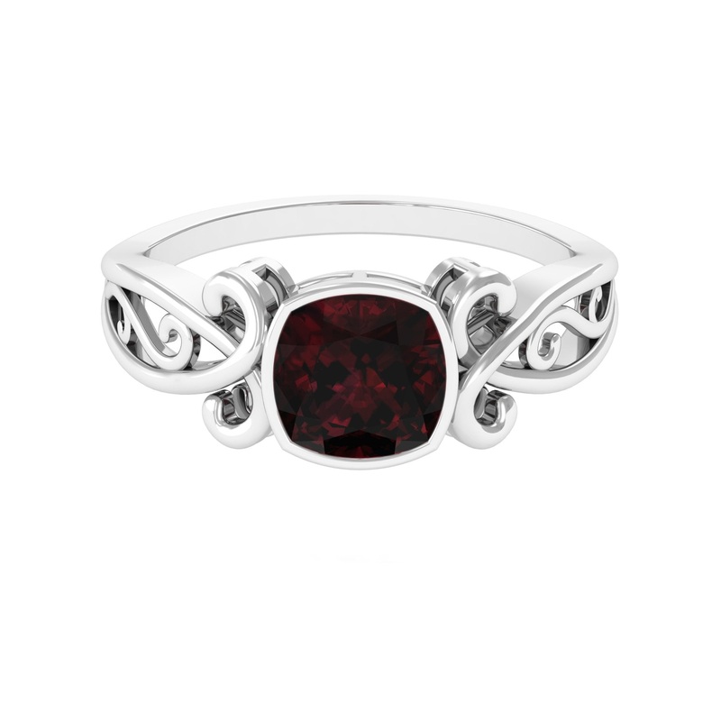Vintage Style Cushion Garnet Solitaire Ring in Bezel Setting
