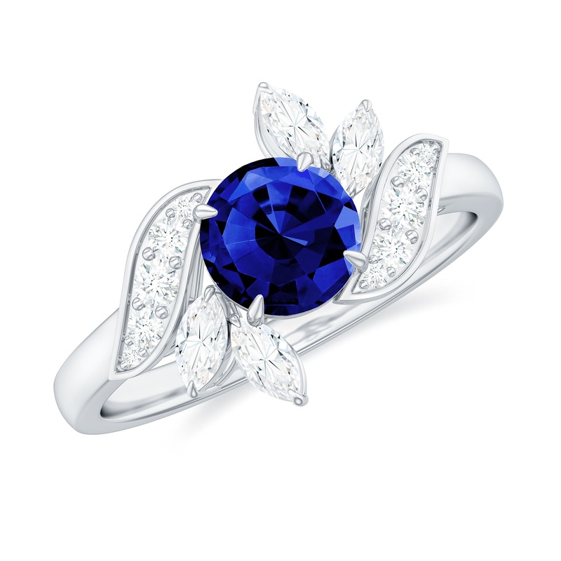 1.5 CT Round Lab Created Blue Sapphire Flower Engagement Ring with Diamond