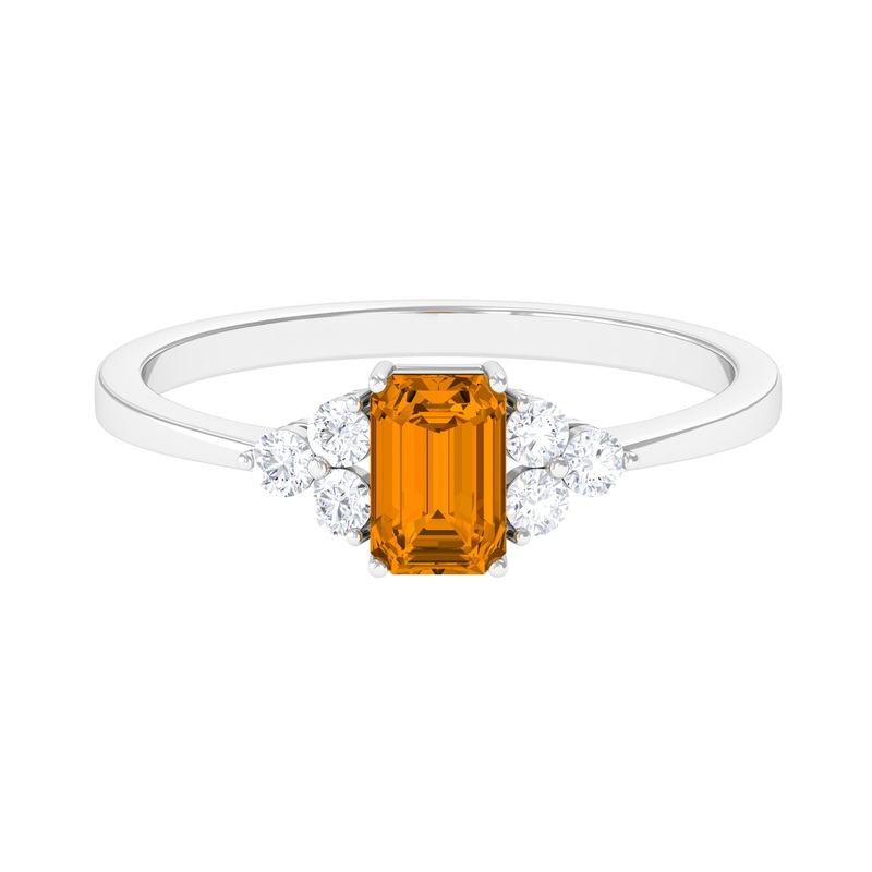 1 CT Octagon Cut Citrine Solitaire Ring with Diamond Trio