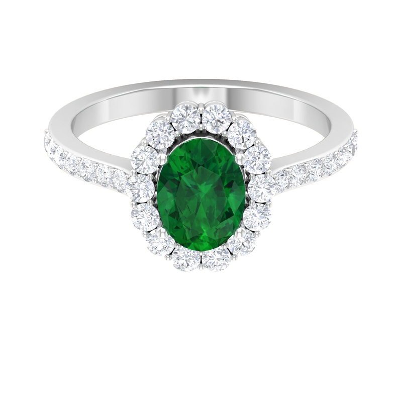 1 CT Oval shape Emerald Halo Engagement Ring with Diamond