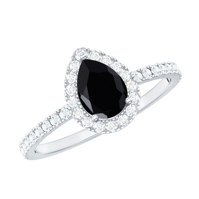 Black Onyx Teardrop Engagement Ring with Diamond Halo