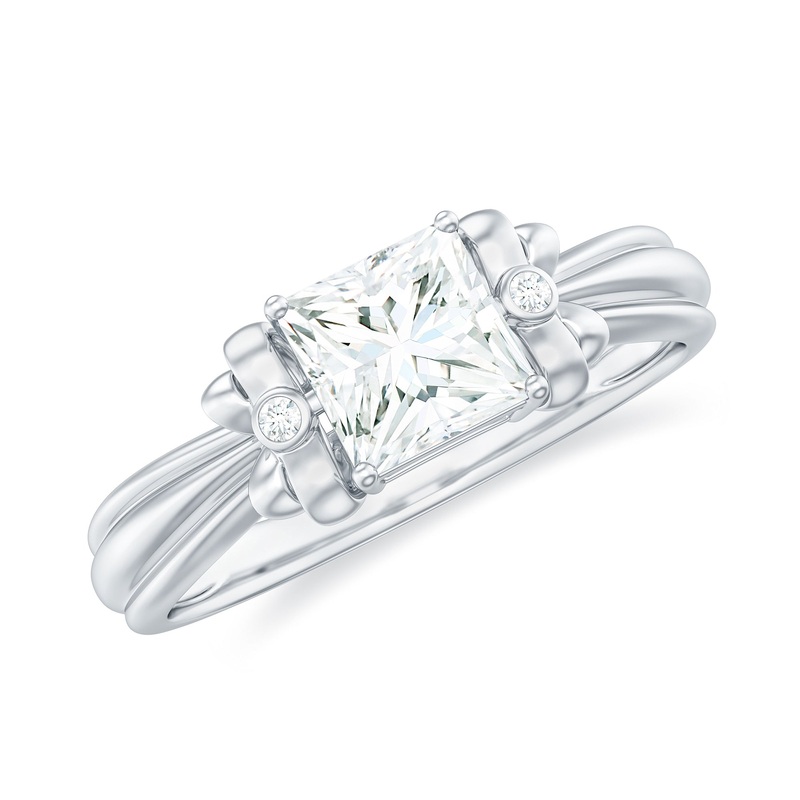 Princess Cut Moissanite Solitaire Engagement Ring with Bow