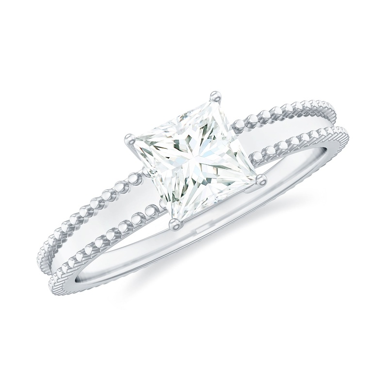 Princess Cut Moissanite Solitaire Ring with Beaded Details