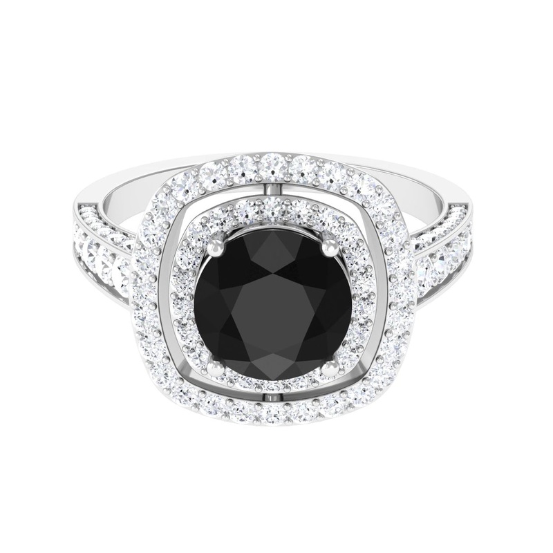 Real Black Onyx Double Halo Engagement Ring with Moissanite