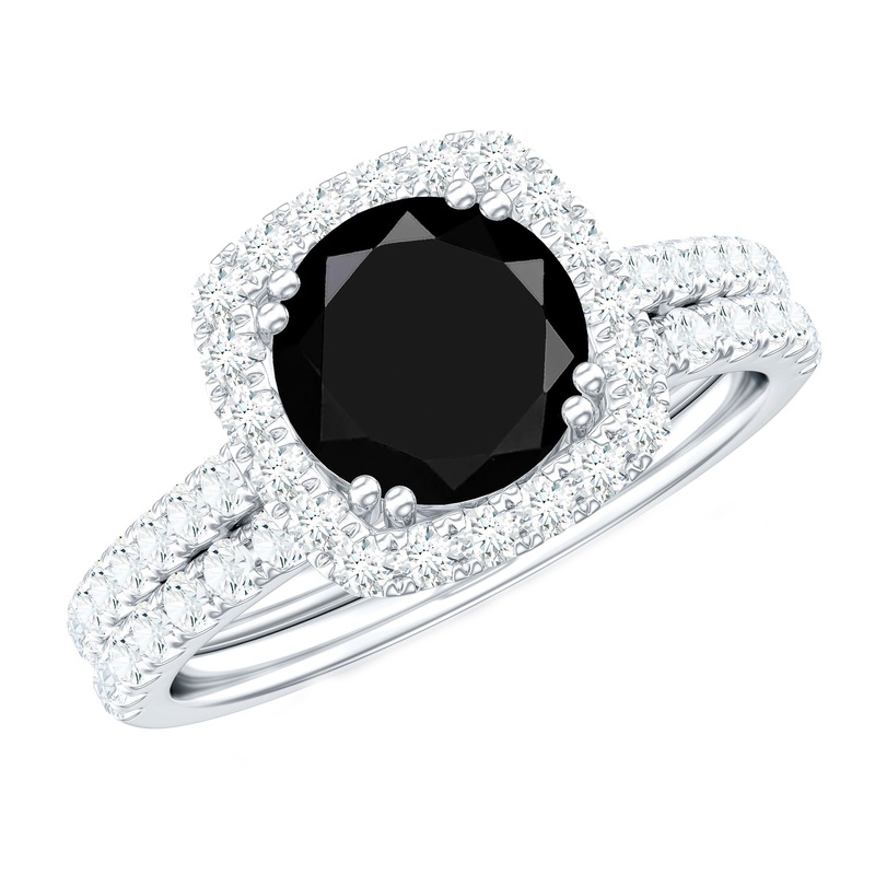 Round Black Onyx Classic Halo Ring Set with Moissanite