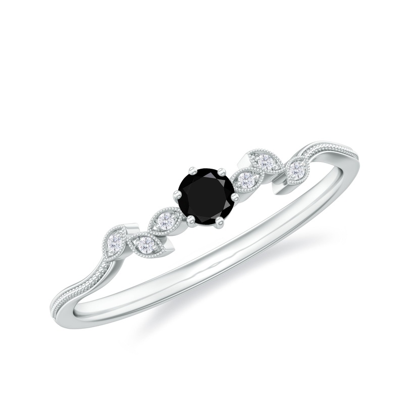Round Black Onyx Minimal Leaf Promise Ring with Diamond in Gold