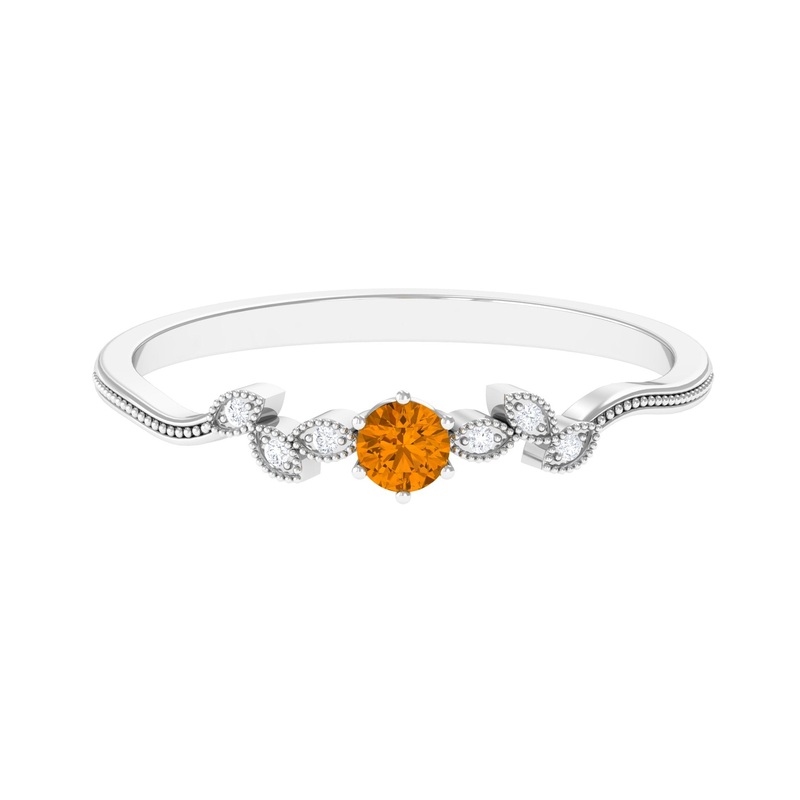 Round Citrine Minimal Leaf Promise Ring with Diamond