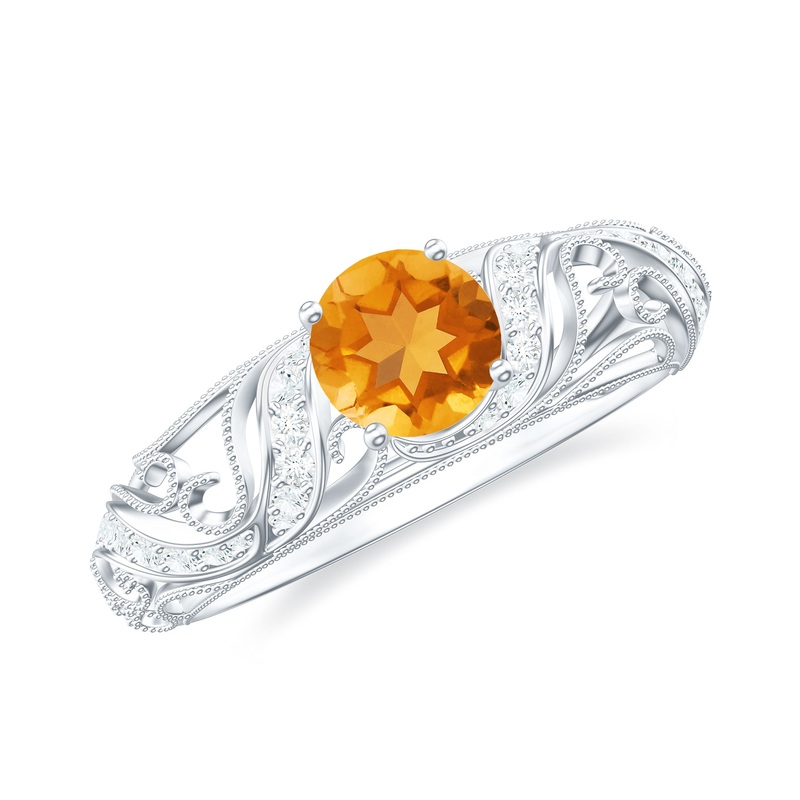 Round Citrine Vintage Inspired Engagement Ring with Diamond