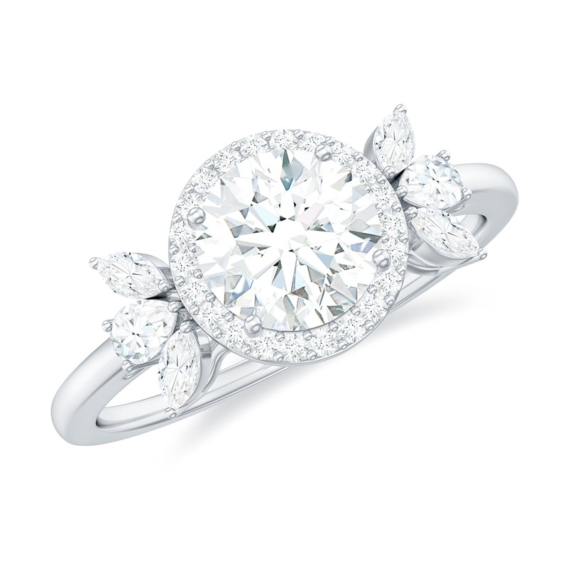 Round Shape Moissanite Cluster Halo Engagement Ring
