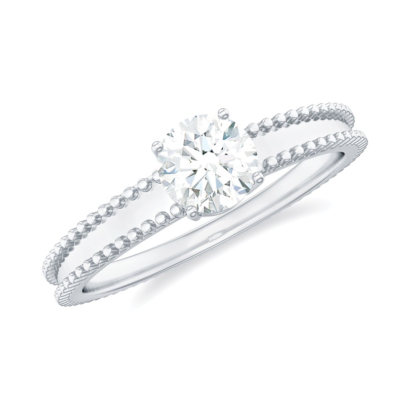Round Shape Moissanite Solitaire Ring with Beads