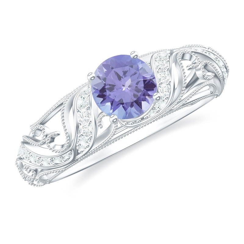 Round Tanzanite Vintage Inspired Engagement Ring with Diamond