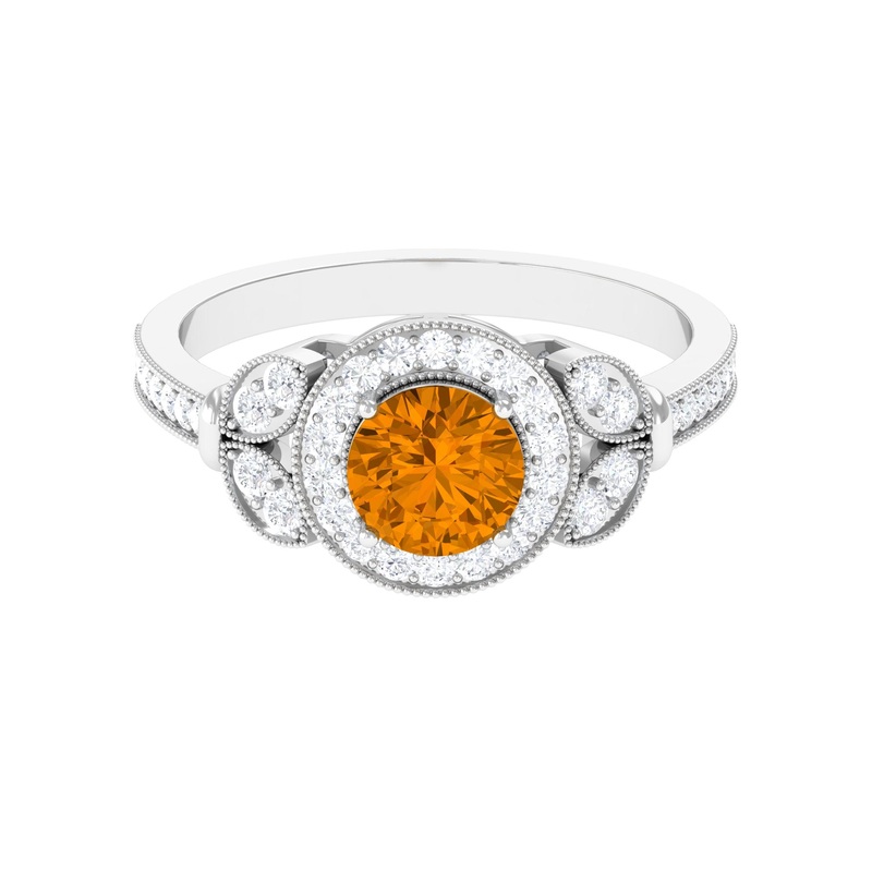 Vintage Inspired Real Citrine Engagement Ring with Diamond