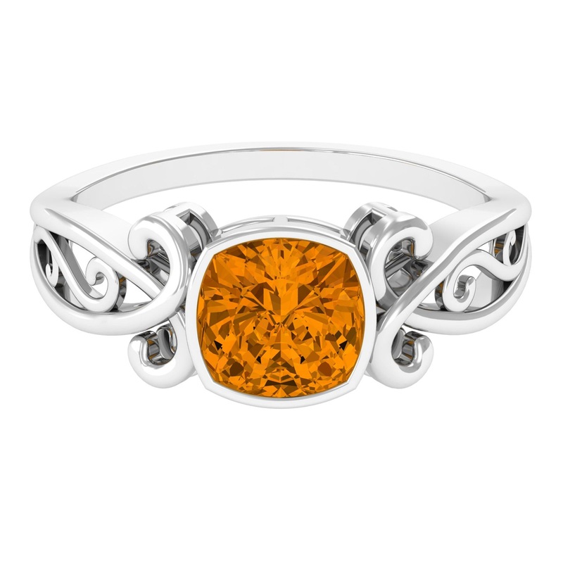 Vintage Style Cushion Citrine Solitaire Ring in Bezel Setting