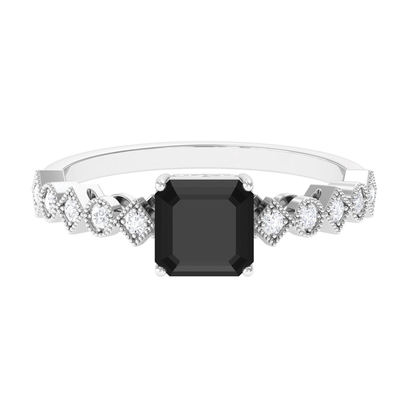 1.5 CT Asscher Cut Black Onyx Solitaire Engagement Ring with Diamond