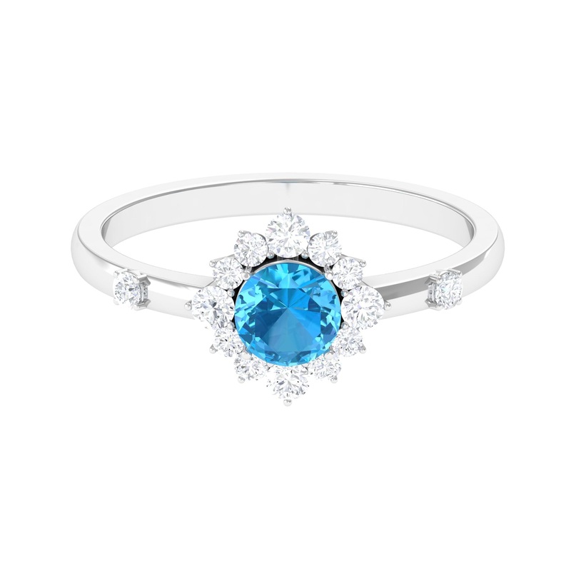 1 CT Round Swiss Blue Topaz and Diamond Halo Engagement Ring