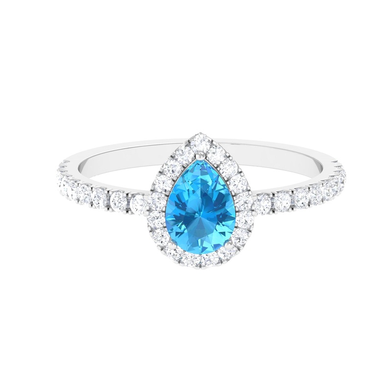 1 CT Swiss Blue Topaz Teardrop Engagement Ring with Diamond Halo