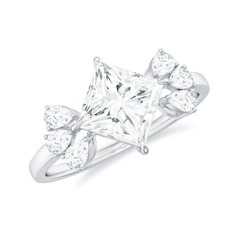 Princess Cut Moissanite Solitaire Engagement Ring with Trio