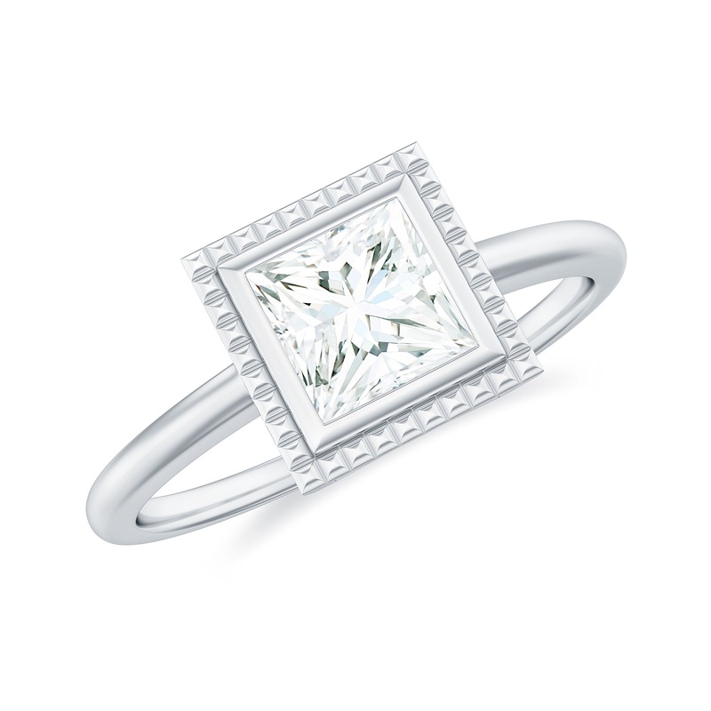 Princess Cut Moissanite Solitaire Gold Engagement Ring in Bezel Setting