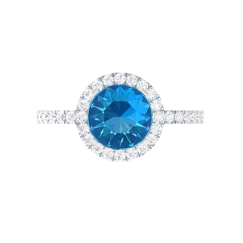 Real Swiss Blue Topaz Halo Engagement Ring with Diamond