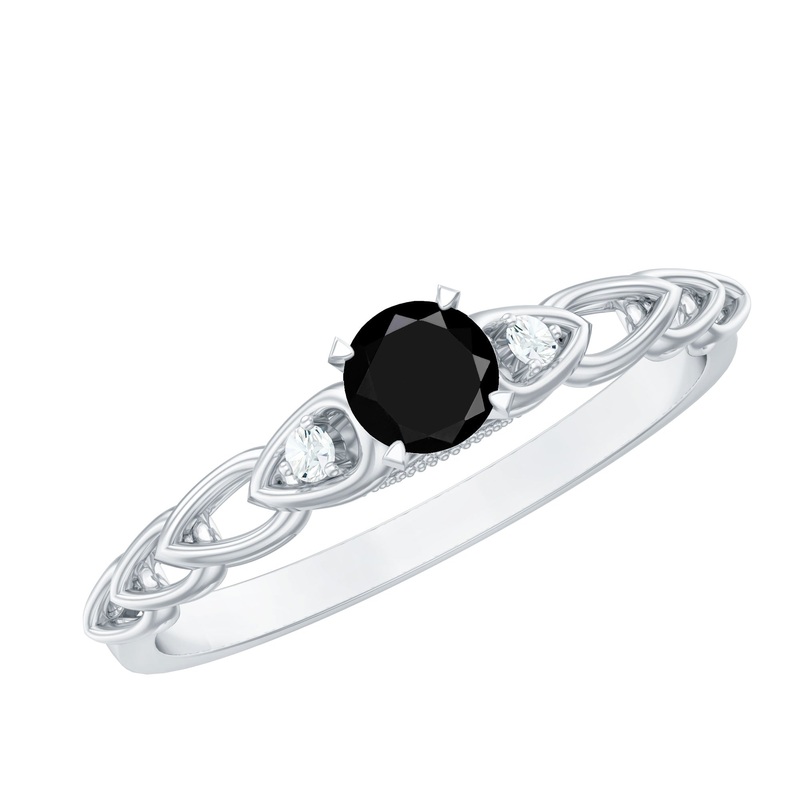 Round Created Black Diamond and Diamond Designer Promise Ring in Gold