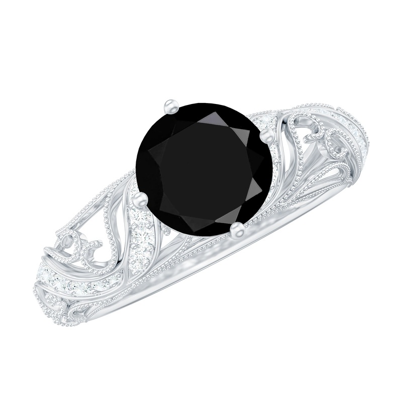Round Created Black Diamond Vintage Inspired Engagement Ring with Diamond