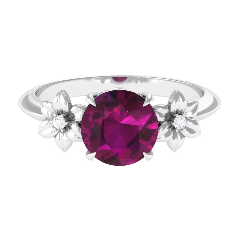 Round Rhodolite Solitaire Flower Engagement Ring with Diamond