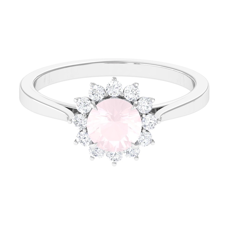 Round Shape Natural Rose Quartz Halo Ring with Diamond
