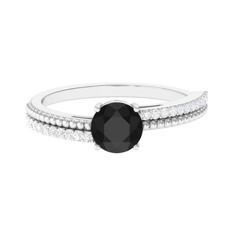 Round Shape Solitaire Created Black Diamond and Diamond Ring with Side Stones