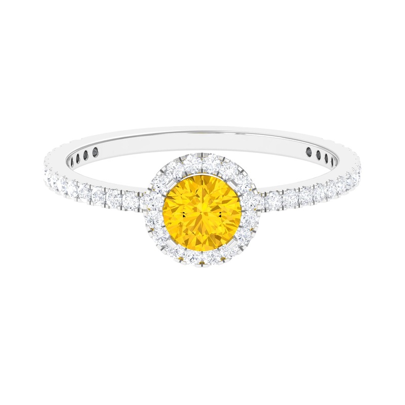 Round Shape Yellow Sapphire Halo Engagement Ring with Diamond