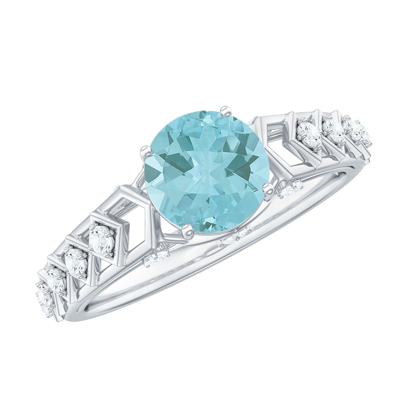 Round Sky Blue Topaz Solitaire Art Deco Ring with Diamond