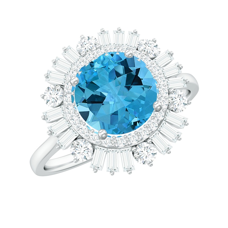 Round Swiss Blue Topaz Cocktail Ring with Moissanite Double Halo