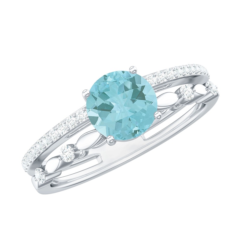 Solitaire Sky Blue Topaz Double Band Engagement Ring with Diamond