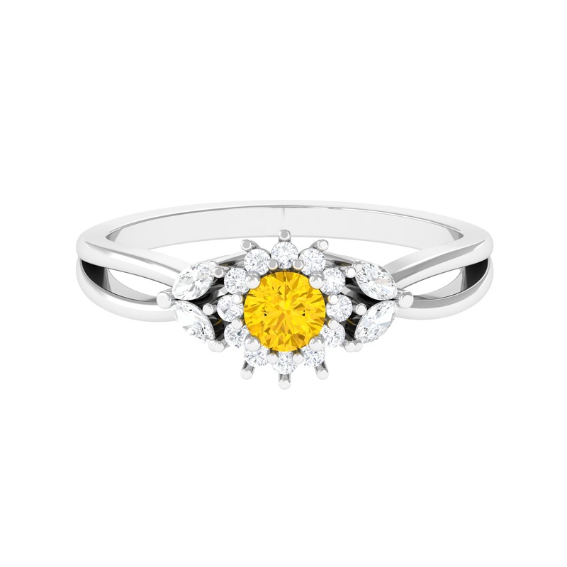 Split Shank Yellow Sapphire Flower Engagement Ring with Diamond