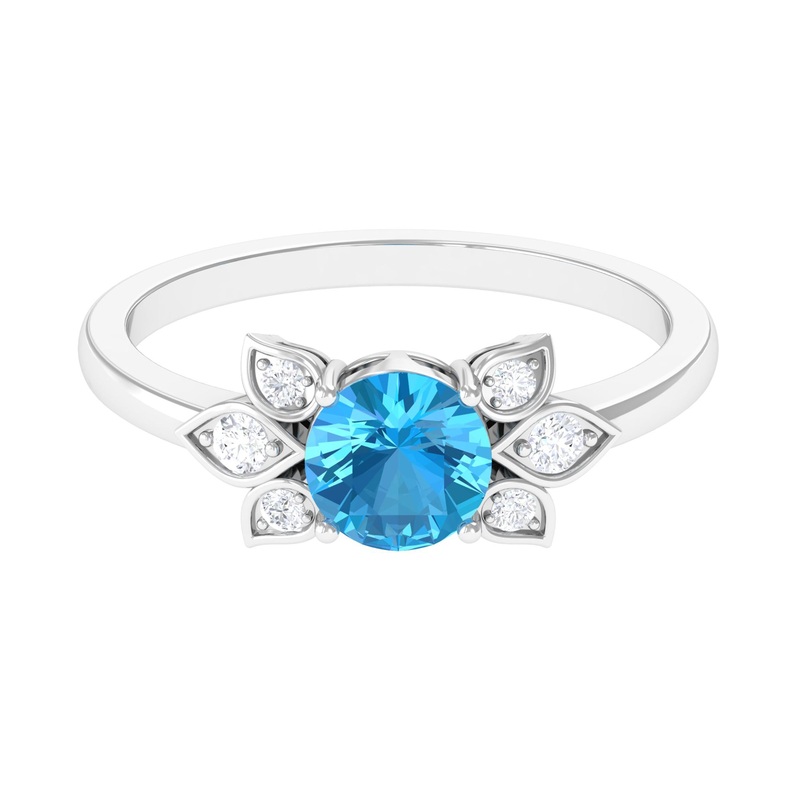 Swiss Blue Topaz Solitaire Flower Ring with Diamond