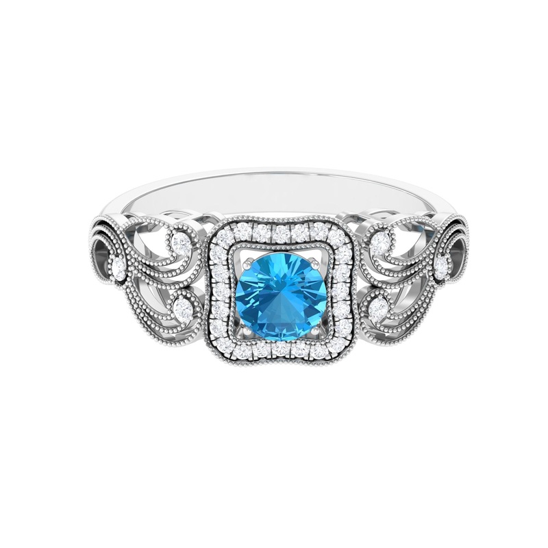 Swiss Blue Topaz Vintage Style Engagement Ring with Diamond