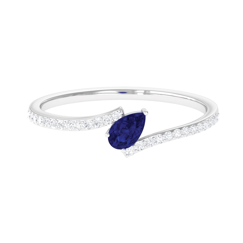 Tilted Pear Shape Created Blue Sapphire and Diamond Bypass Promise Ring