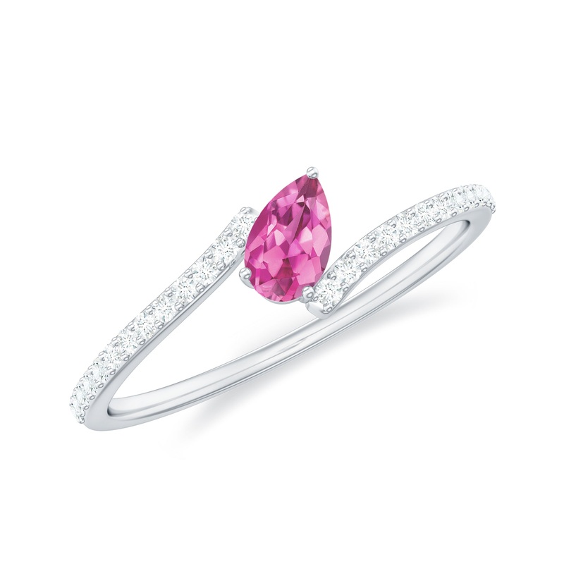Tilted Pear Shape Pink Tourmaline and Diamond Bypass Promise Ring