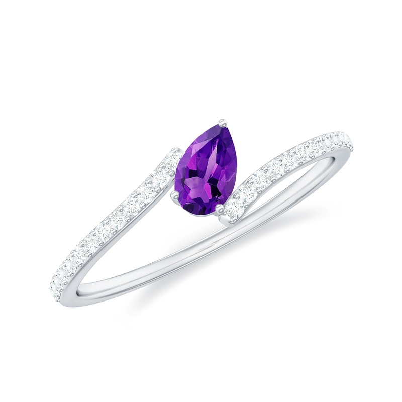 Tilted Pear Shape Solitaire Amethyst Bypass Promise Ring with Diamond