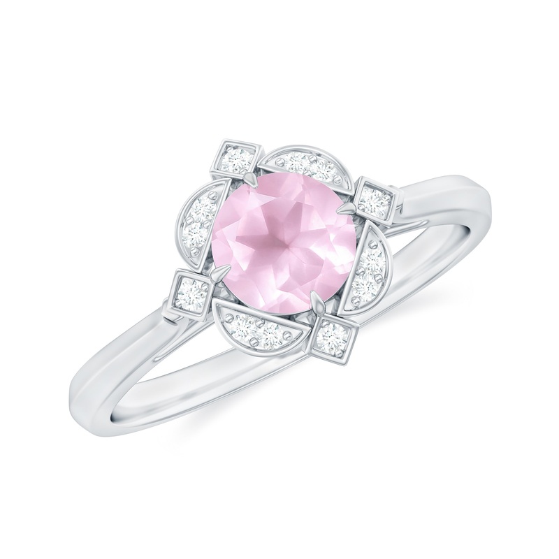 Vintage Inspired Rose Quartz and Diamond Engagement Ring
