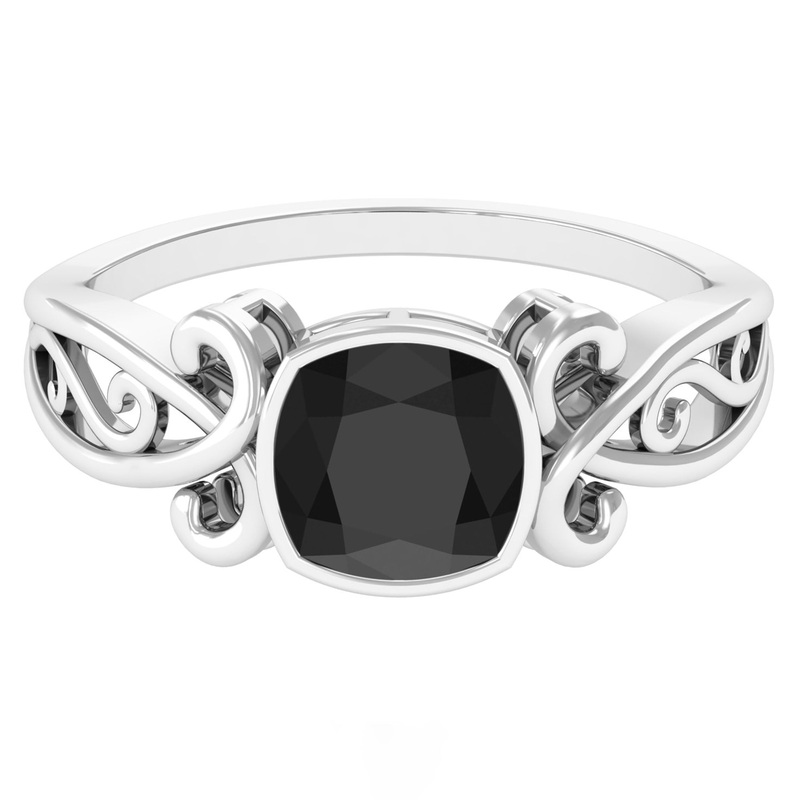 Vintage Style Cushion Created Black Diamond Solitaire Ring in Bezel Setting