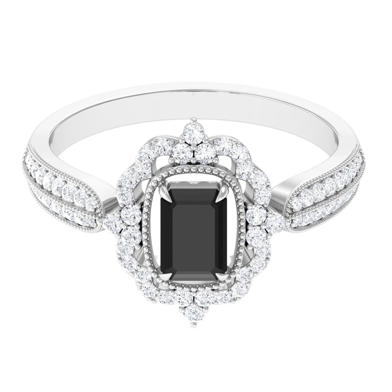 Vintage Style Octagon Created Black Diamond Floral Engagement Ring with Accent