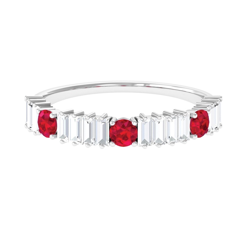 1.25 CT Created Ruby and Moissanite Semi Eternity Ring in Gold